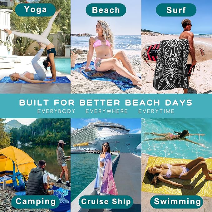 2 Packs Sand Proof Microfiber Beach Towels Adult –Quick Fast Dry Beach Oversized Accessories for Travel Swim Pool Yoga Camping Blanket Essentials Lightweight Must Haves Items Women Gifts Blue Turtles
