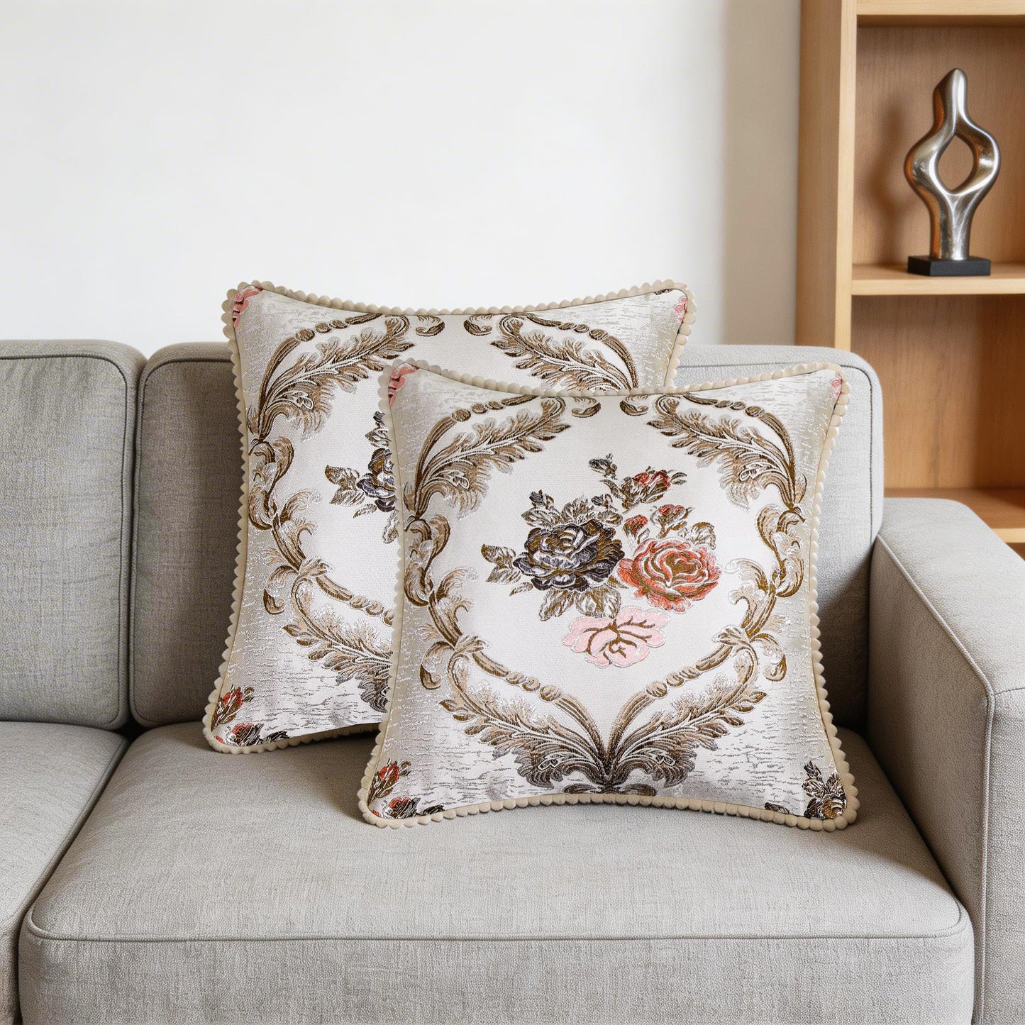 SZHELEJIAM Embroidered Pillow Covers 18x18 Inch Set of 2, Jacquard Retro Cushion Covers in Beige White for Living Room, Sofa Bedroom