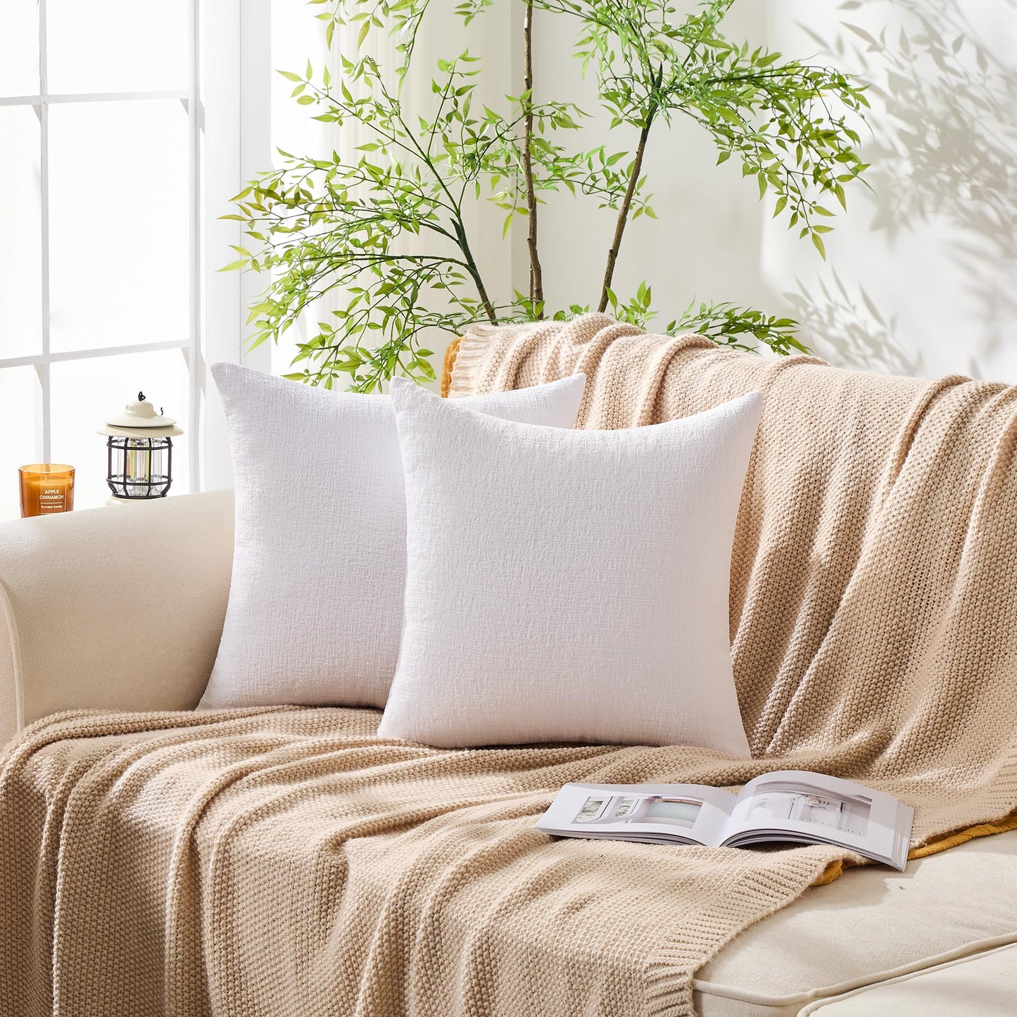 GAWAMAY Set of 2 Soft Textured Chenille Throw Pillow Covers 18x18 Inch (45x45 CM), Decorative Pillowcases Cushion Covers for Farmhouse Home Decor, Couch Living Room Sofa Bedroom Chair, Bright White