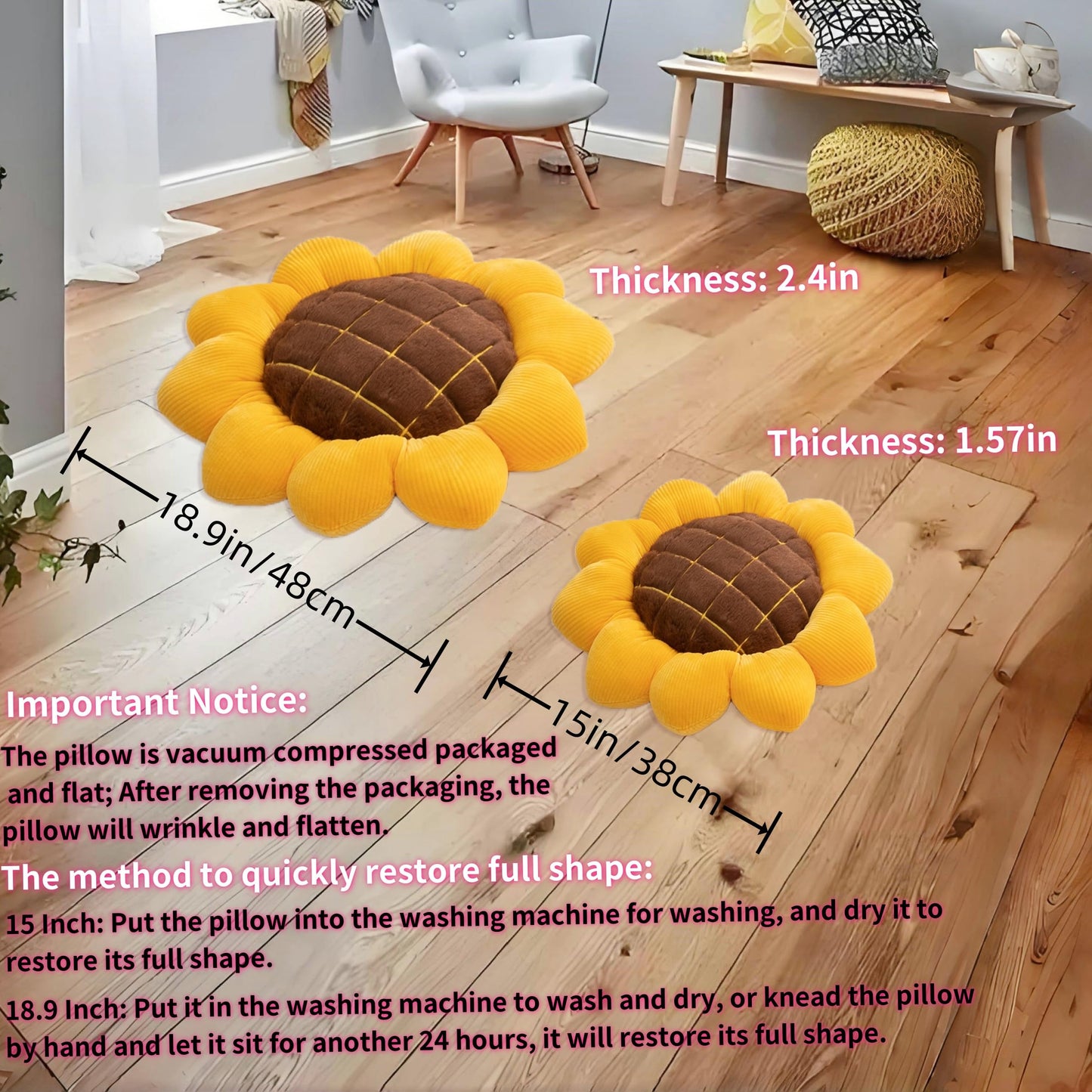 Nmkopzy 2 Pcs Sunflower Throw Pillow for Home Decor, Sunflower Shaped Pillows Large Flower Floor Seating Cushions Chair Pads for Bed Car Couch Office (19 Inch)