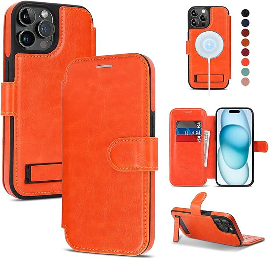 CIVICASE for iPhone 13 Pro Wallet Case with Stand,PU Leather Flip Credit Card Holder Slots (RFID Blocking),Compatible with Magsafe Magnetic Holder Phone Cover Women Men,Orange