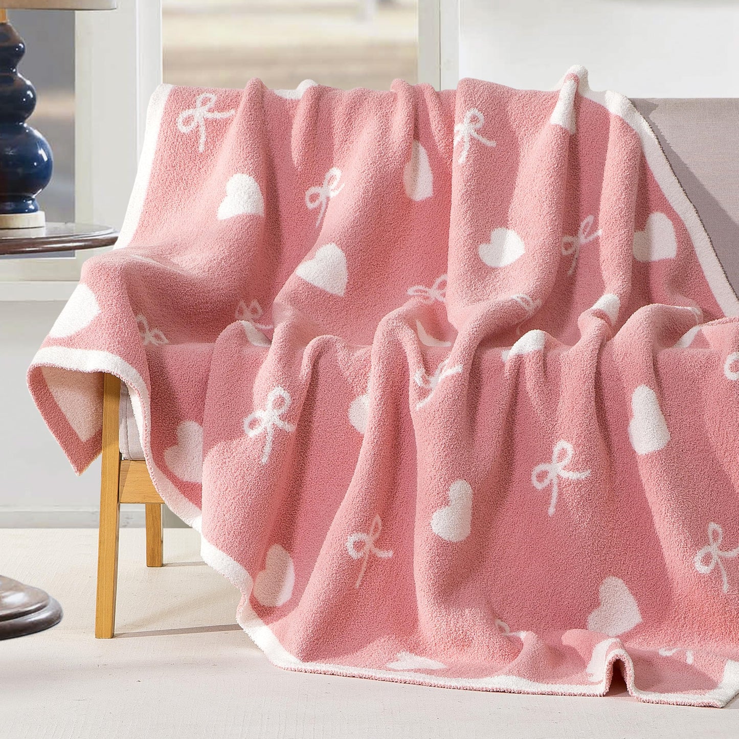 Elegant Comfort Valentine's Day Knit Throw Blanket, Hearts and Bows Super Soft Cozy Fluffy Warm Throw Blankets for Couch, Sofa, Chair, Bed, Camping, Picnic, Travel Lightweight Bed Blanket (50" x 70")