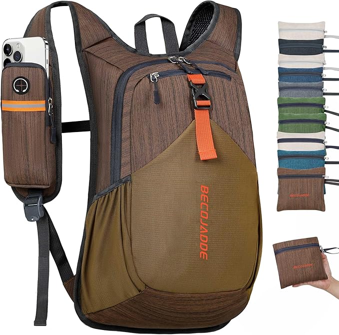 BECOJADDE 15L Small Hiking Backpack for Men Women Foldable Packable Back Pack Ultralight Hiking Daypack for Travel Camping Outdoor, Chocolate Brown