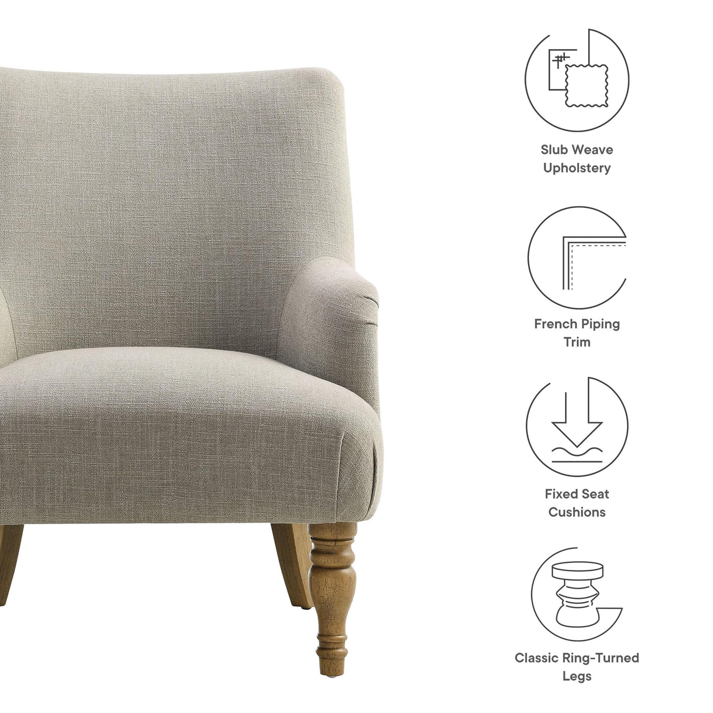 Modway Ellington Living Room Accent Armchair in Linen – Fabric Upholstered Reading Arm Chair with Wooden Legs – Modern Lounge Chair with French Piping Trim