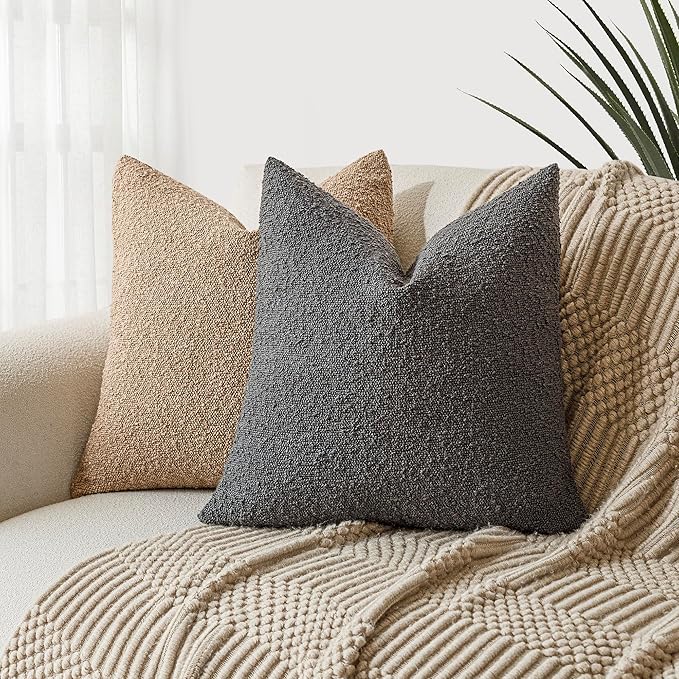 Foindtower Textured Boucle Throw Pillow Covers Accent Solid Pillow Cases Cozy Soft Decorative Couch Cushion Case for Chair Sofa Bedroom Living Room Home Decor, 20 x 20 Inch,Dark Grey