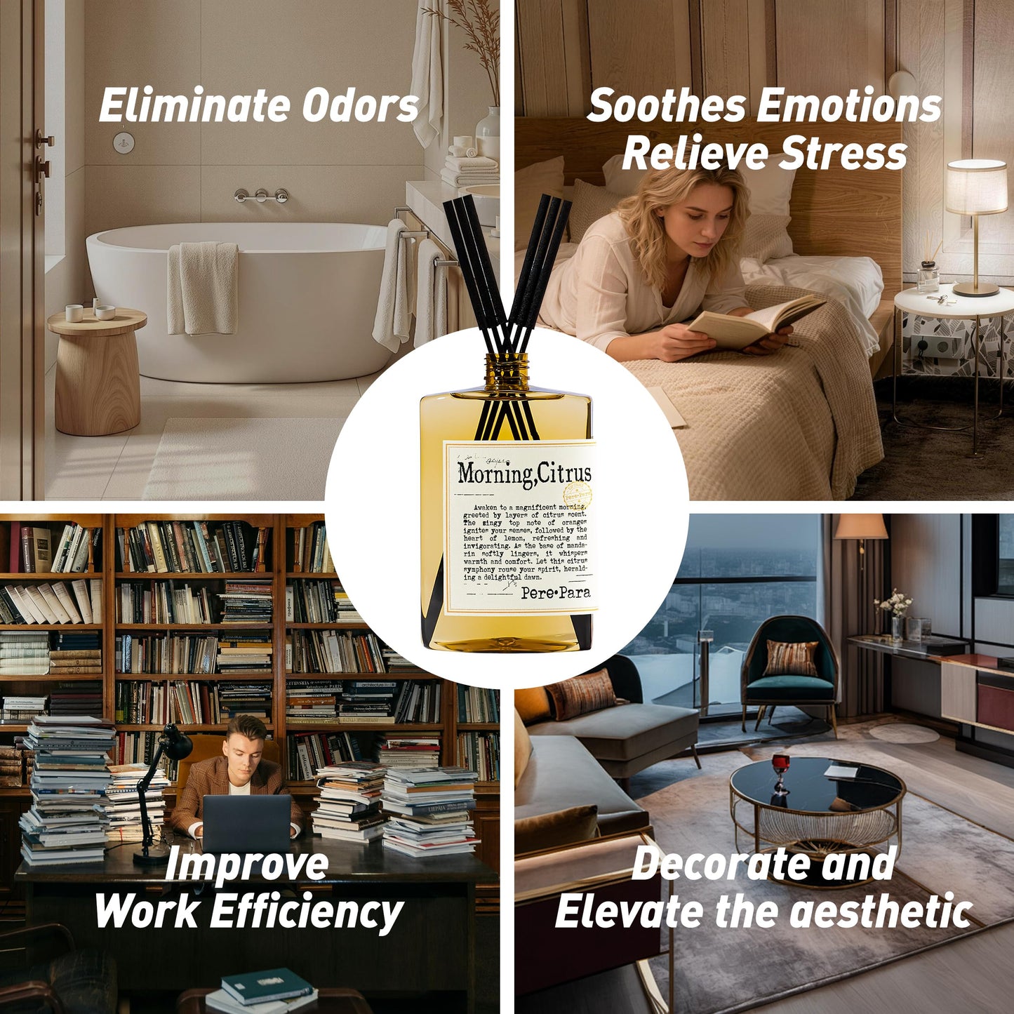Morning Citrus Scent Reed Diffuser Refill Set 13.53 fl oz with 6 Sticks,【Wake Up Your Space】 Luxury Natural Long Lasting Home Fragrance Oil Air Freshener for Living Room and Kitchen