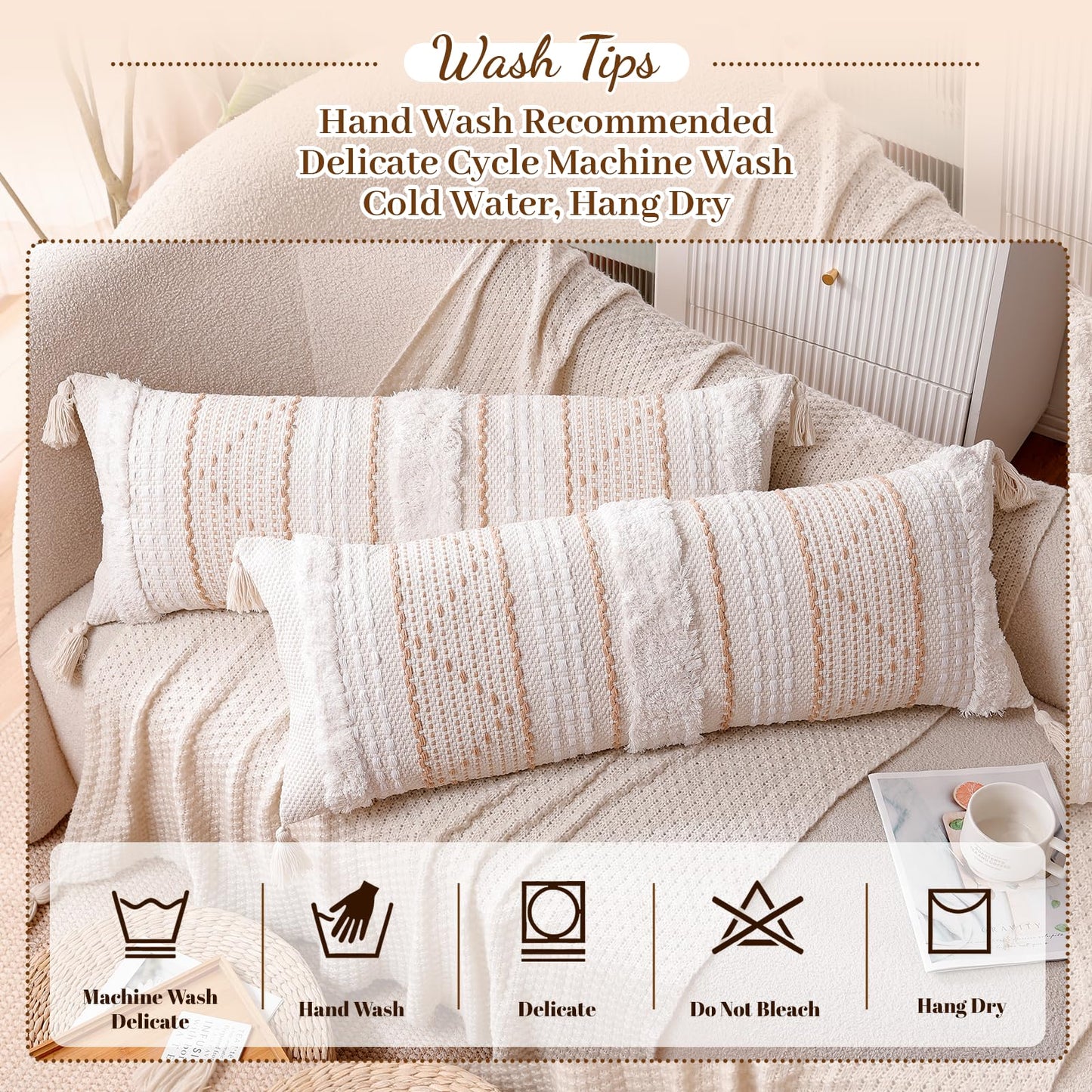 Richtry 14x36 Lumbar Pillow Cover, Boho Tufted Decorative Throw Pillowcase with Tassels for Bed Couch & Sofa, Modern Farmhouse Accent Cushion, Cream Beige (Cover Only)