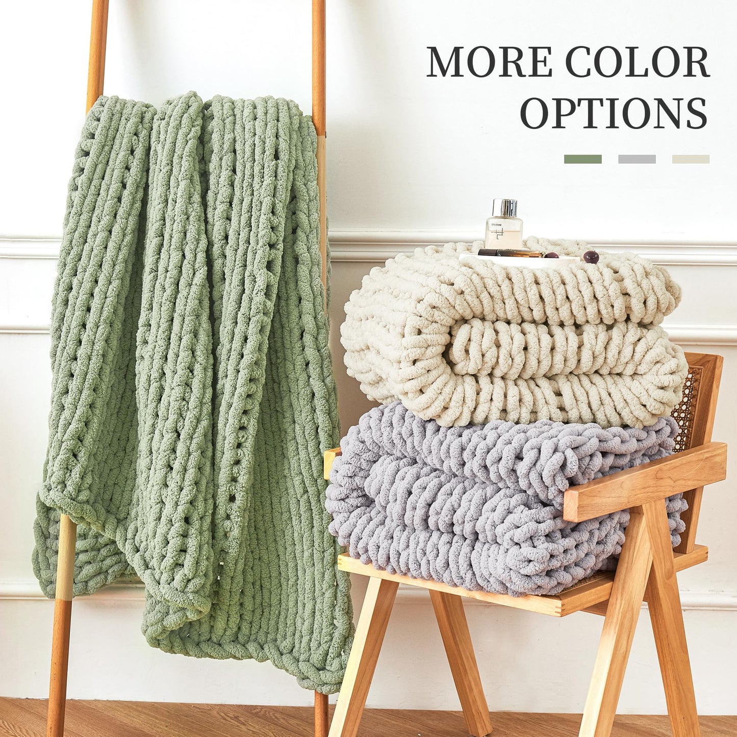 Admitrack Chunky Knit Blanket Throw, 100% Hand Knit Chenille Throw Blanket for Sofa & Home Decor, Soft and Cozy Knitted Throw Blankets (Sage Green，51"x63")