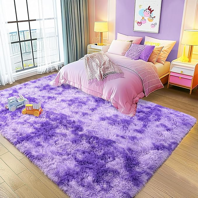 Large 9x12 Area Rug for Living Room, Soft Shag Thick Fluffy Carpet for Bedroom, Plush Fuzzy for Girls Boys Kids Room Non Slip Dorm Home Decor Aesthetic, Tie-Dyed Purple