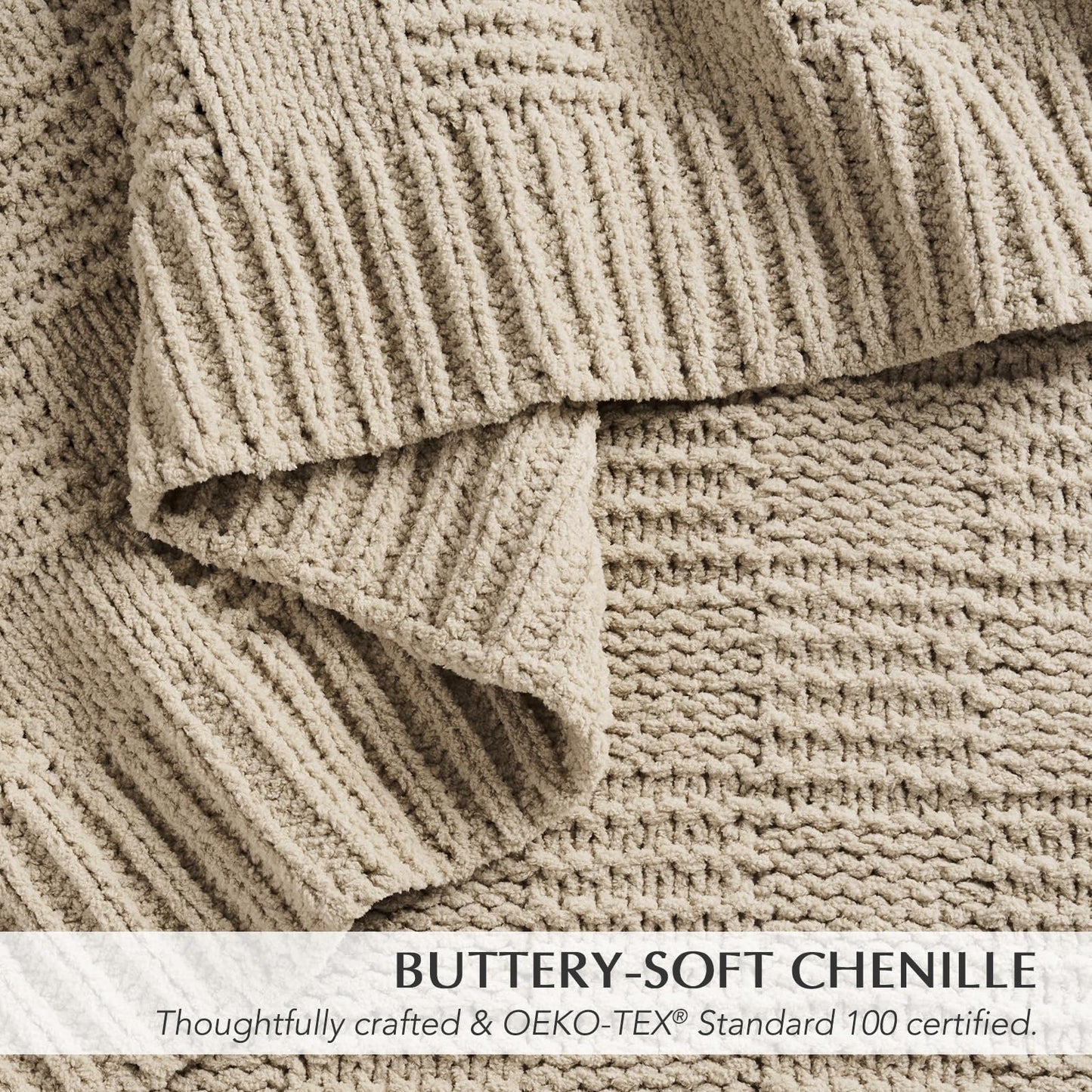EVERGRACEHOME Modern Checkered Chenille Throw Blanket, Soft Cozy Plaid Knitted Chair Blanket for Sofa Couch, Decorative Knit Throw for Bed and Living Room, Sand Dune, 50" x 60"