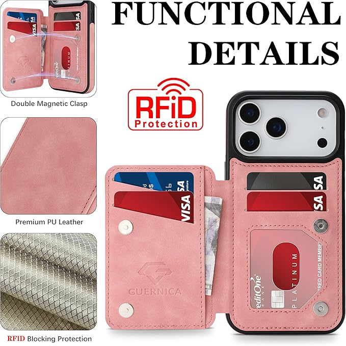 GUERNICA for iPhone 17 Pro Max (6.9") Case Wallet with Card Holder, RFID Blocking Leather Protection, Shockproof Women Men Phone Case for Apple 17 Pro Max, Pink