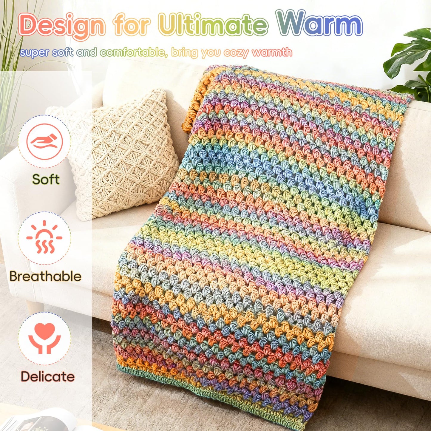 Aeelike Blanket Crochet Kit for Beginners, Super Easy Crochet Blanket Kit with Soft & Colorful Gradient Yarns Detailed Video Tutorials Crocheting Accessories, Rainbow Gradient & Ideal Gift