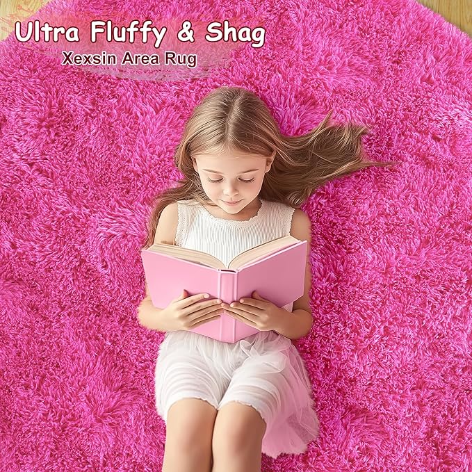 Round Fluffy Rugs 4Ft for Girls Bedroom, Hot Pink Shag Circle Kids Rug Non-Slip for Bedside Dorm Nursery Playroom, Soft Cute Area Rugs for Living Room Decor
