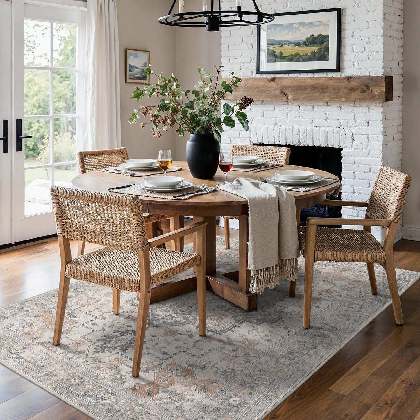 BESBLEE 5X7 Area Rugs for Living Room, Machine Washable Non Slip Vintage Rugs, Low Pile Lightweight Print Rug for Bedroom, Dining Room, Home Office, Light Taupe Brown
