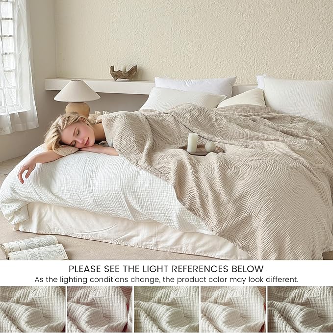 FALUCA Cotton Muslin Reversible Blanket 50x60 Inches for Bed, Couch, Four Layers Blanket, Soft Lightweight Cozy Breathable Farmhouse Decoration for All-Season, Khaki