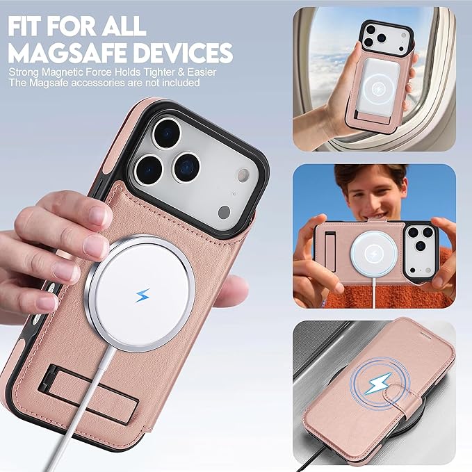 CIVICASE for iPhone 17 Pro Wallet Case with Stand,PU Leather Flip Credit Card Holder Slots (RFID Blocking),Compatible with Magsafe Magnetic Holder Phone Cover Women Men,Rose Gold