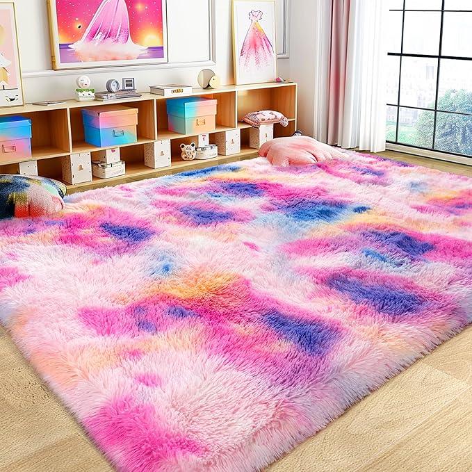 8x10 Large Area Rugs for Living Room, Ultra Fluffy Shag Rug for Bedroom, Modern Plush Soft Carpet for Girls Boys Kids Room Dorm Fuzzy Non Slip Rug for Home Decor Aesthetic, Dark Rainbow