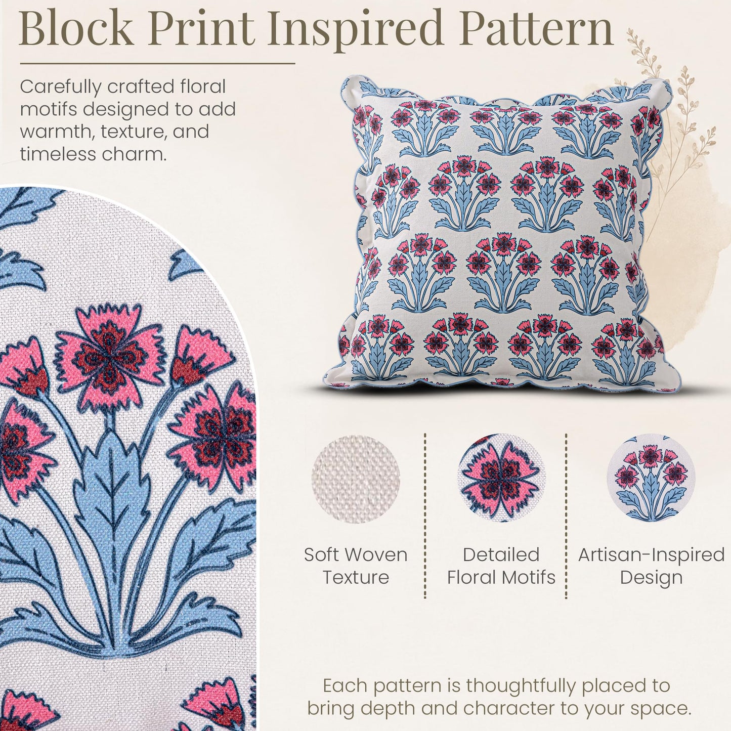 DrapePalette - Scalloped Throw Pillow Covers with Block Print Floral Patterns and Hidden Zipper - Pink Fern, 20 x 20 Inches Pack of 1 - Soft Indoor Pillow Case for Livingroom, Bedroom, or Lounge