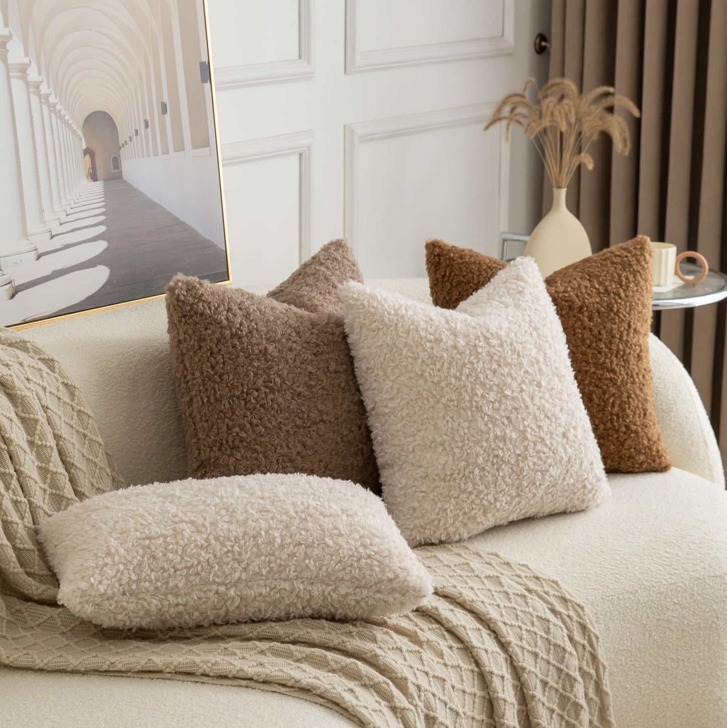 Joyouth Pack of 2 Curly Teddy Wool Faux Fur Throw Pillow Covers Fuzzy Accent Soft Sherpa Pillowcases Sheepskin Fleece Decorative Cushion Case for Sofa Couch Living Room 16x16 Inch Neutral Light Beige