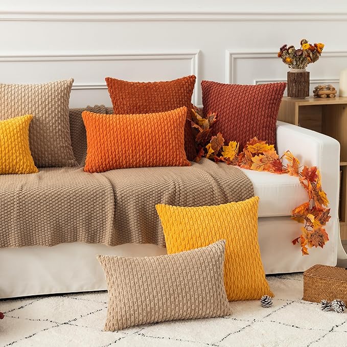 Kevin Textile Pack of 2 Tan Corduroy Decorative Throw Pillow Covers 24x24 Inch Soft Boho Striped Pillow Covers Modern Farmhouse Home Decor for Autumn Sofa Living Room Couch Bed