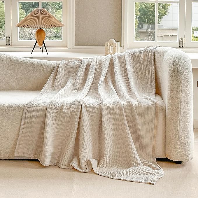 FALUCA Cotton Muslin Reversible Blanket King Size for Bed, Couch, Four Layers Blanket, Soft Lightweight Cozy Breathable Farmhouse Decoration for All-Season, Khaki