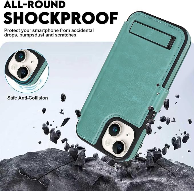 CIVICASE for iPhone 15 Wallet Case with Stand,PU Leather Flip Credit Card Holder Slots (RFID Blocking),Compatible with Magsafe Magnetic Holder Phone Cover Women Men, Green