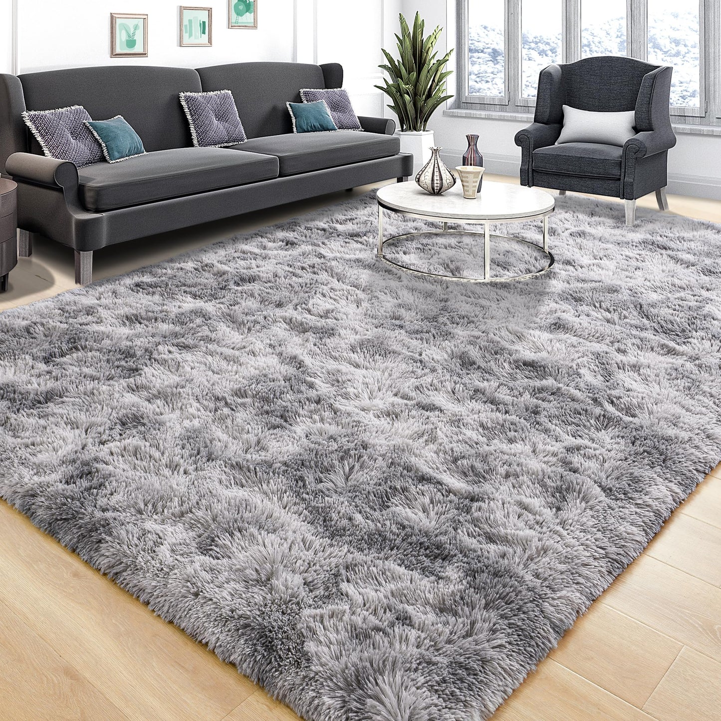Tepook Area Rugs 10x14 for Living Room, Super Soft Fluffy Rugs for Bedroom, Modern Shaggy Rug Fuzzy Carpets for Kids, Plush Indoor Nursery Home Decor Rug with Non-Slip Bottom, Tie-Dyed Light Grey
