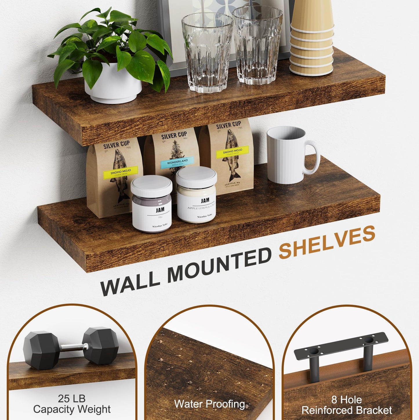 Bellsal Floating Shelves for Wall, Rustic Brown Wood Wall Shelf Set of 4, 16" Walls Mounted Floating Shelf for Kitchen, Living Room, Bedroom, Bathroom Storage, Book Shelf for Walls Home Decor