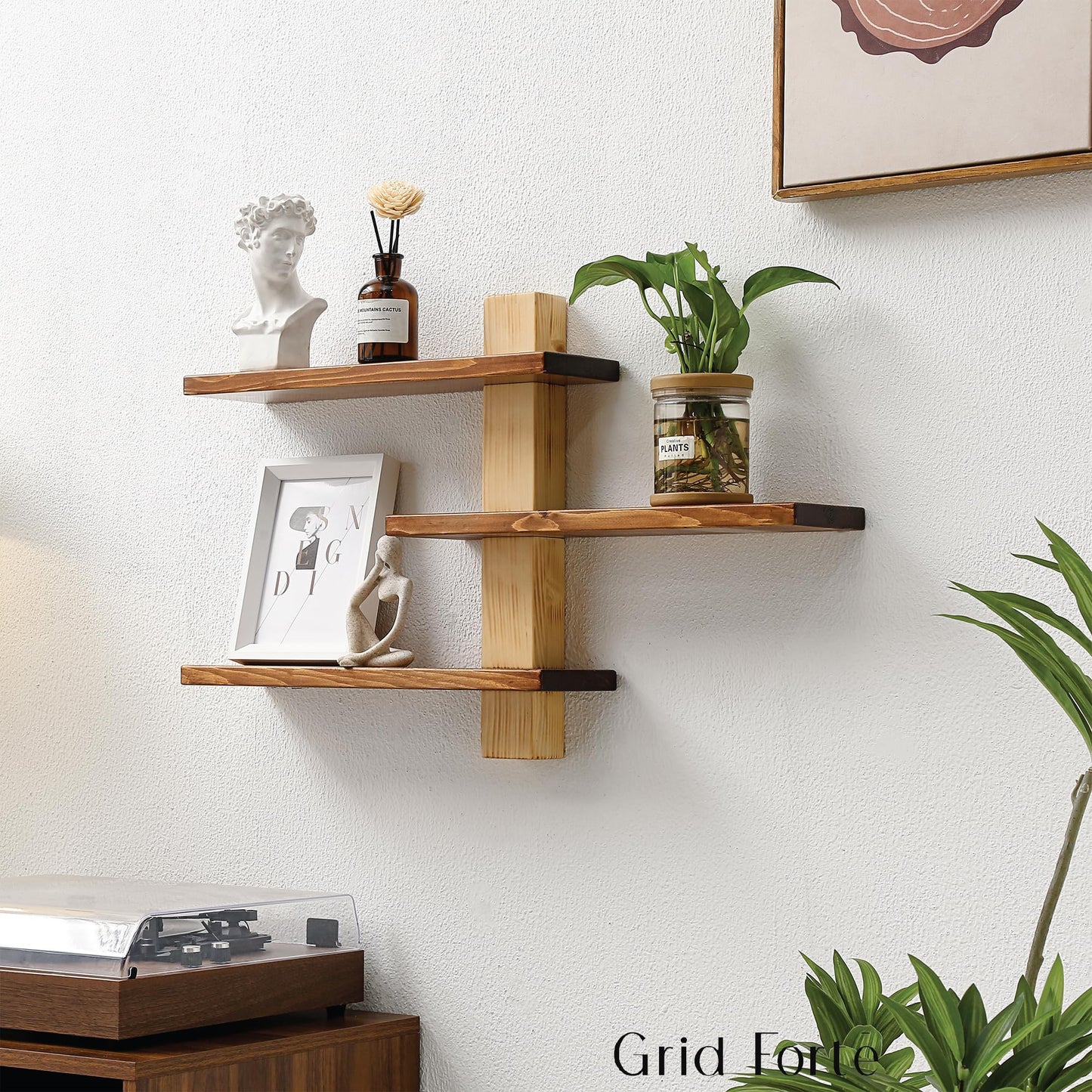 GRID FORTE Wood 3-Tier Floating Shelf, Large Minimalist Wall Shelves