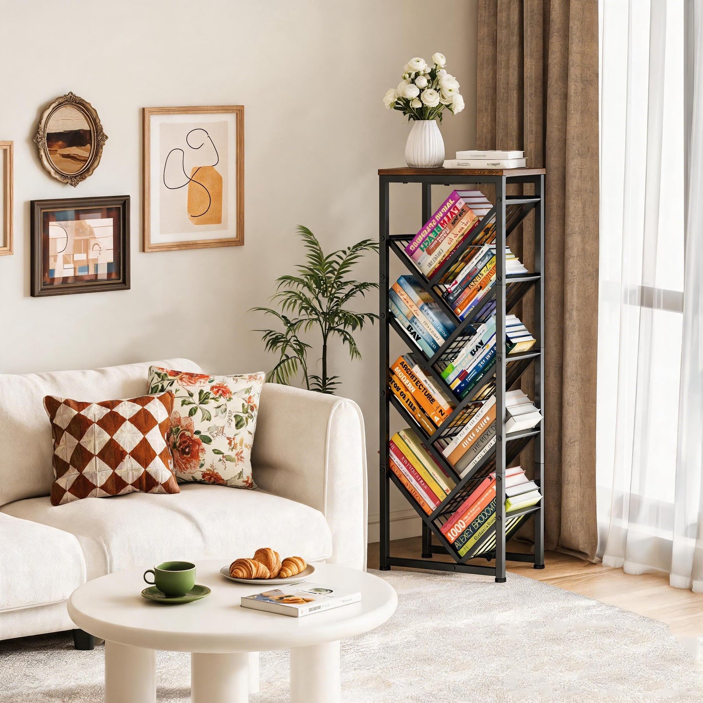 Cutogxon Tree Bookshelf - 9 Tier Visual Metal Floor Standing Book Shelf with Wooden Top for Living Room Bedroom Black