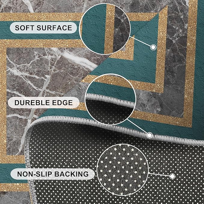 Emerald Green Marble Rug Luxury Teal Marble Area Rug Gilded Geometric Carpet Vintage Stone Crack Carpet for Bedroom Bedside Living Room 7x9ft