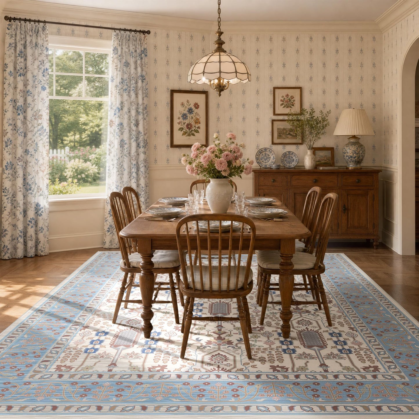 Deerly 5x7 Area Rugs Living Room, Low Pile Ultra Soft Rugs with Non-Slip Backing Machine Washable Vinatge Boho Carpet for Bedroom Playroom Nurseryroom, Kid & Pet Friendly Print Floor Beige Rug 5x7ft