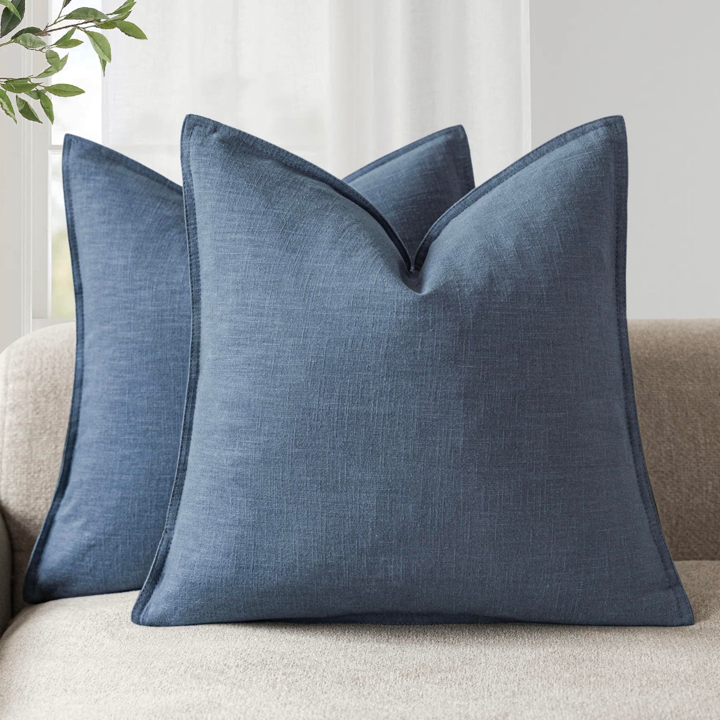 Foindtower Pack of 2, Decorative Linen Solid Throw Pillow Covers Soft Accent Euro Cushion Case Farmhouse Neutral Pillowcase for Chair Couch Sofa Bedroom Living Room Home Decor 24 x 24 Inch Dark Blue