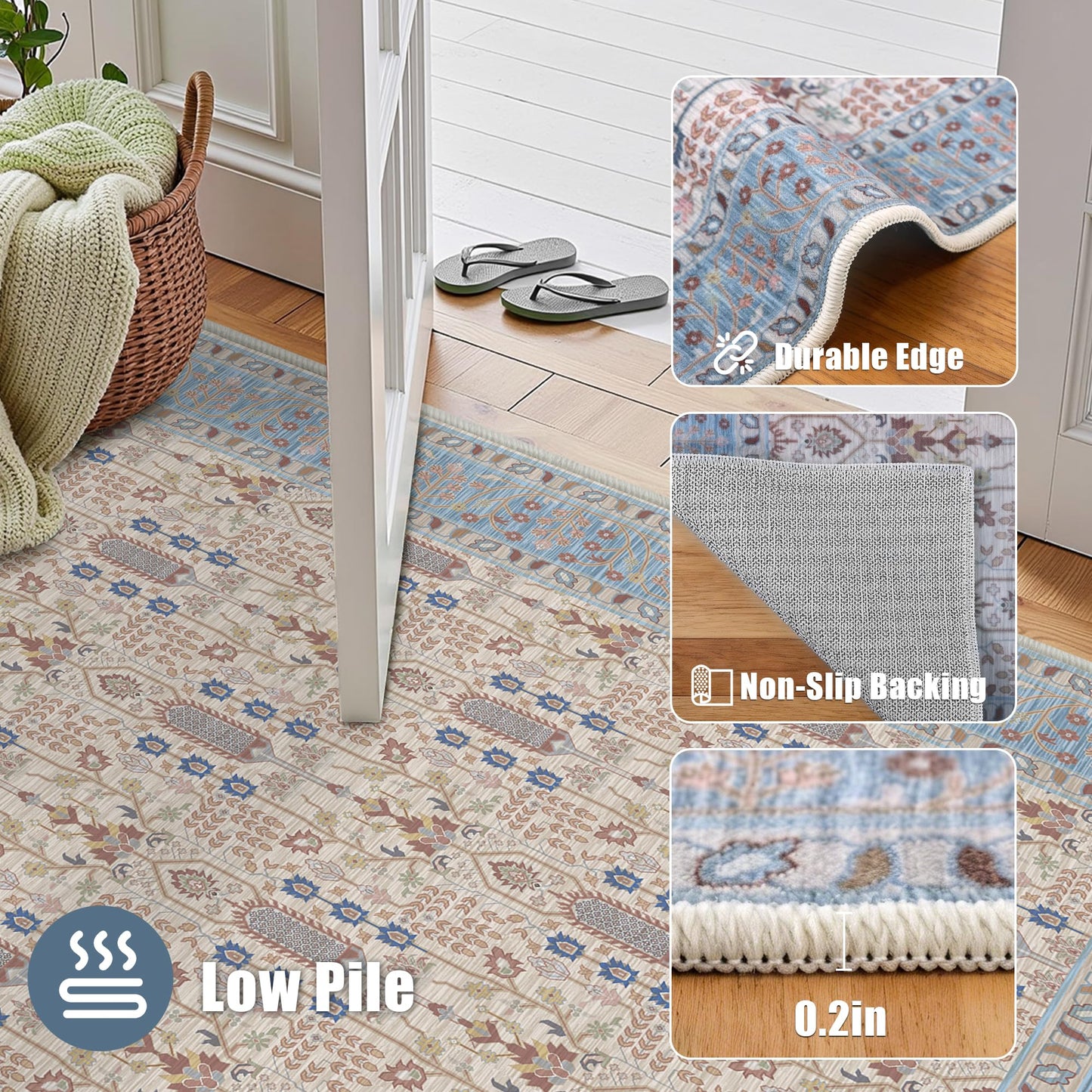 Deerly 5x7 Area Rugs Living Room, Low Pile Ultra Soft Rugs with Non-Slip Backing Machine Washable Vinatge Boho Carpet for Bedroom Playroom Nurseryroom, Kid & Pet Friendly Print Floor Beige Rug 5x7ft