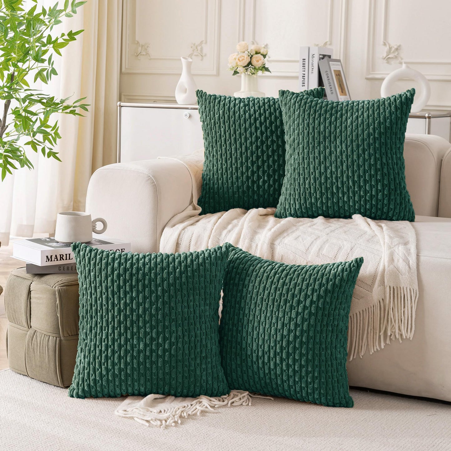 Cozoomy Set of 4 Dark Green Decorative Throw Pillow Covers 20x20 Inch Corduroy Pillow Covers for Bed Couch Sofa Living Room Soft Square Cushion Cases