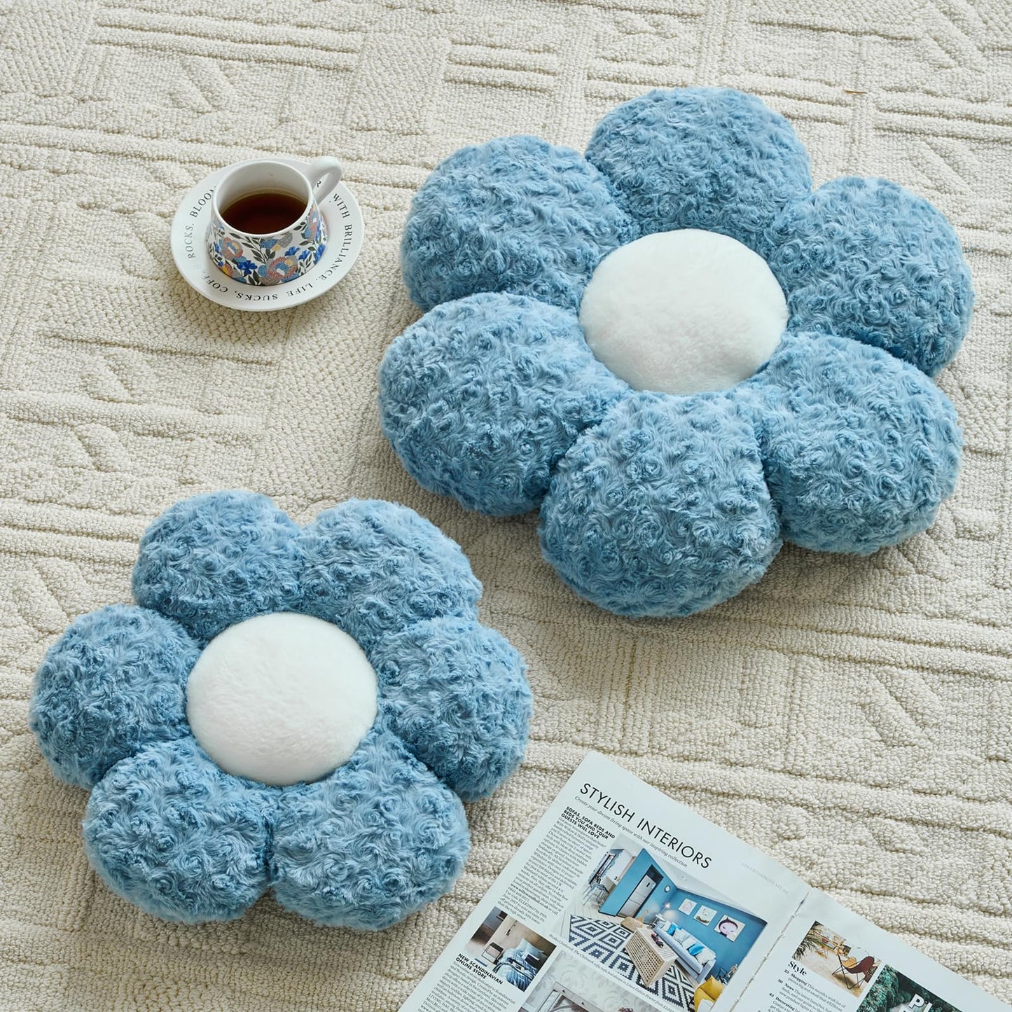 ZCNYCLAM Flower Pillows, Decorative Throw Pillow with Soft Plush for Couch, Flower Shaped Pillow Home Decor Daisy Pillow for Bed (Grey Blue, 14.9 Inches)