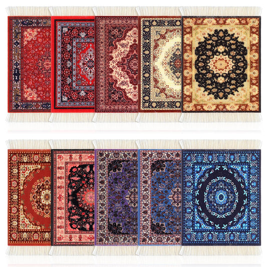 Preboun Rug Style Coasters Set of 10 Carpet Drink Mats with Fringe Non-Slip Backing Vintage Decorative Moroccan Turkish Fabric Mini Table Holder for Home Kitchen Bar Office Gifts(Stylish)
