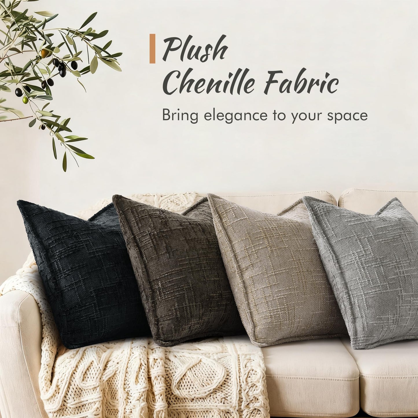 decorUhome Chenille Throw Pillow Covers 26x26 Set of 2, Soft Textured Slubby Modern Decorative Pillow Covers with Elegant Design for Couch, Sofa, Living Room, Chocolate