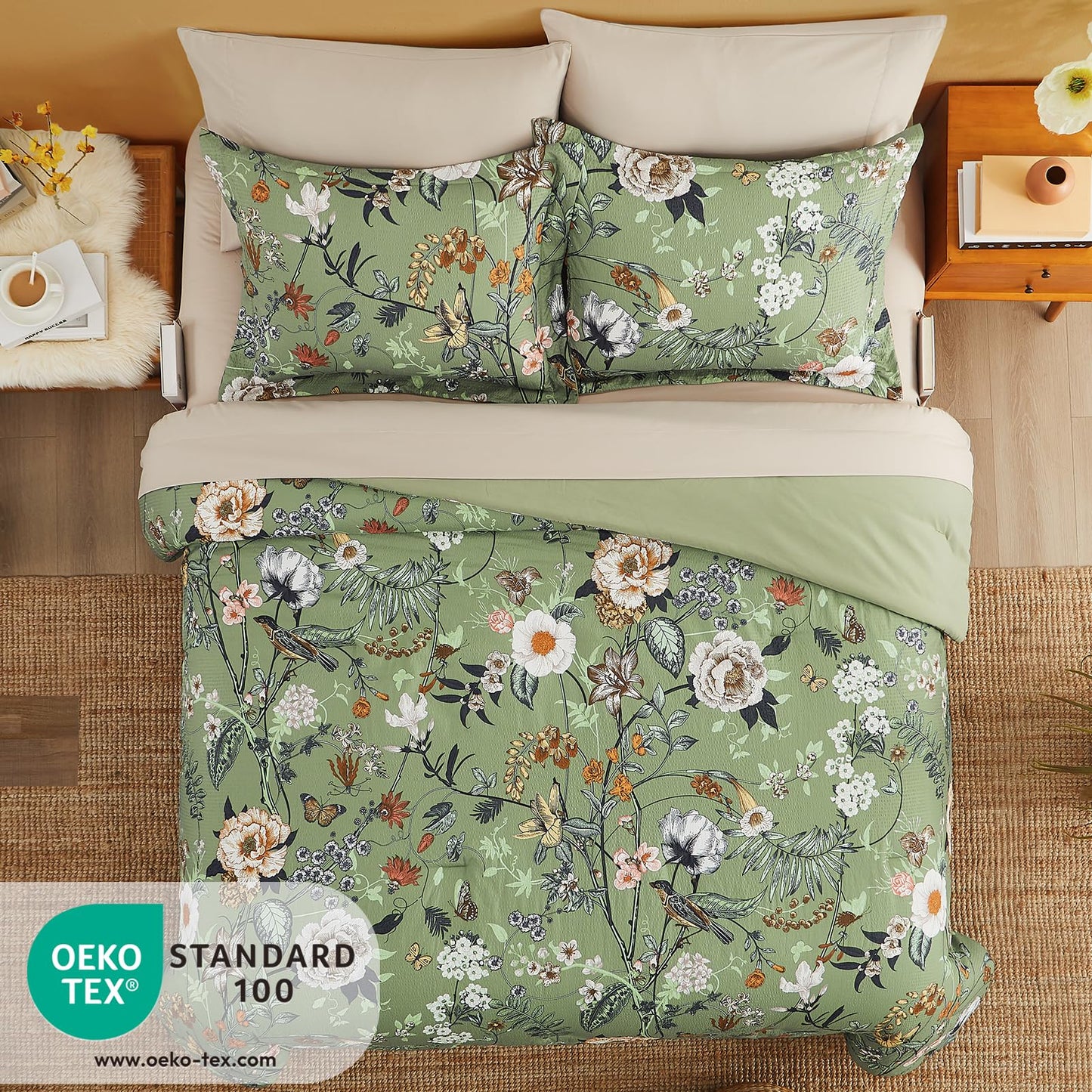 CASAAGUSTO Queen Comforter Set - 7 Pieces Bed in a Bag Queen Green Butterfly Floral Comforter Set with Flowers Leaves Pattern, Soft Seersucker Design All Season Queen Size Bedding Set
