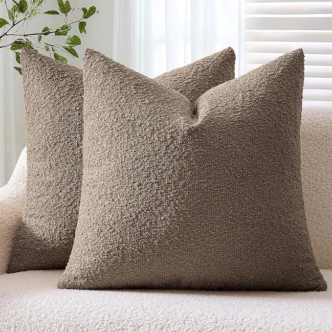 ANRODUO Pack of 2 Textured Boucle Throw Pillow Covers Soft Brown Euro Decorative Accent Solid Pillow Cases Cozy Modern Couch Cushion Case for Chair Sofa Bedroom Living Room Home Decor, 22 x 22 Inch