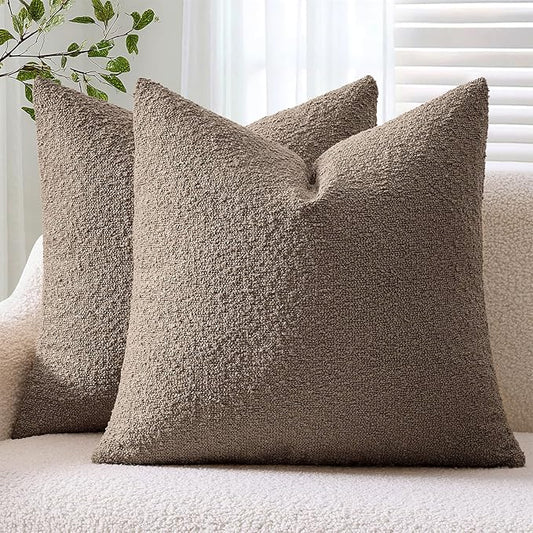 ANRODUO Pack of 2 Textured Boucle Throw Pillow Covers Soft Brown Euro Decorative Accent Solid Pillow Cases Cozy Modern Couch Cushion Case for Chair Sofa Bedroom Living Room Home Decor, 22 x 22 Inch
