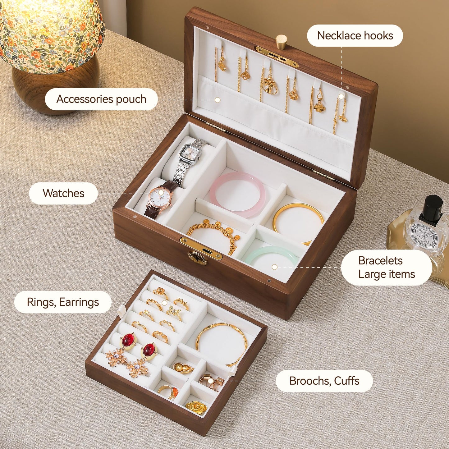 Black Walnut Wooden Jewelry Box with Lock, 2 Layer Natural Solid Wood Jewelry Organizer with Removable Tray, Velvet Lined Storage for Necklace Ring Earrings Watch Bracelet, Gifts for Mom Women Girl
