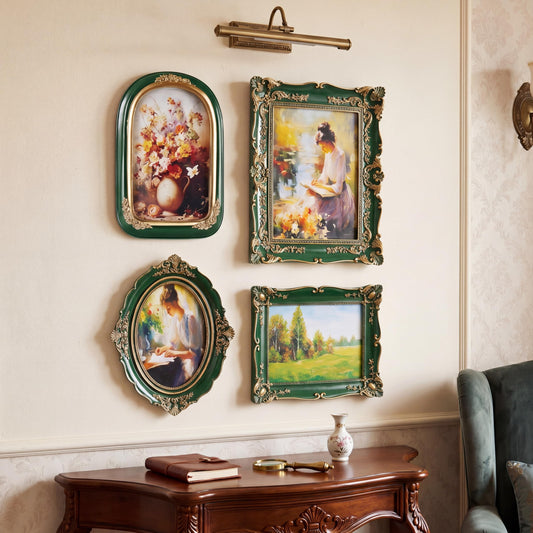 Geetery 4 Pcs Vintage Picture Frames Set for Gallery Wall, Green Ornate Baroque Picture Frames, Antique Victorian Decorative Photo Frame for Tabletop or Wall Display, Shabby Cottagecore Home Decor