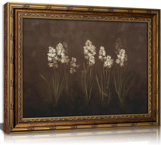 Vintage Gold Framed Wall Art, White Hyacinth Floral Canvas Print, Moody Rustic Flower Wall Decor, Dark Aesthetic Still Life Poster Artwork, for Living Room Bedroom Decor, 9x11in