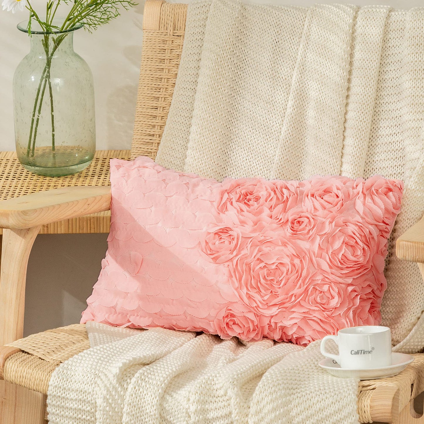 CaliTime Throw Pillow Cases Pack of 2 Solid 3D Stereo Chiffon Wave Rose Flower Decorative Cushion Covers Shells for Couch Sofa Bedroom 12 X 20 Inches Pink