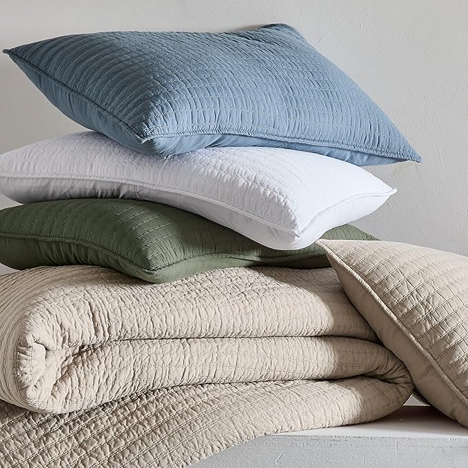 WDCOZY 100% Cotton Oversized King Size Quilt Set - Beige California Cal King Striped Pick Stitch Soft Lightweight Bedspread, Textured Like Linen, Farmhouse Country Rustic Coverlet, 3 Pieces