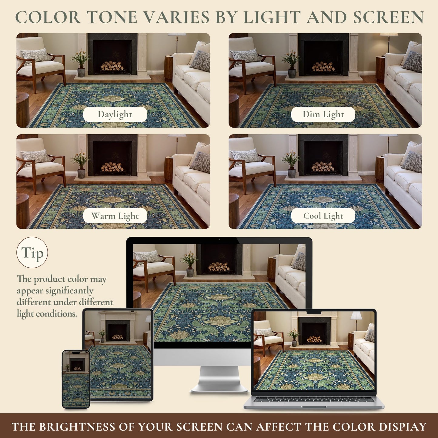 Bavni 8x10 Area Rugs, Floral Machine Washable Rugs for Living Room, Dinning Room, Bedroom, Non Slip Aesthetic Vintage Low Pile Durable Lightweight Farmhouse Rug, Tea Green/Blue