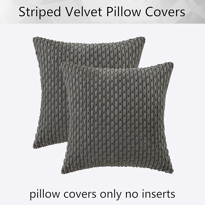 Kevin Textile Corduroy Striped Soft Soild Decorative Square Throw Pillow Covers Set Cushion Cases Pillowcases for Sofa Bedroom 2 Pcs 24x24 Inch Dark Grey