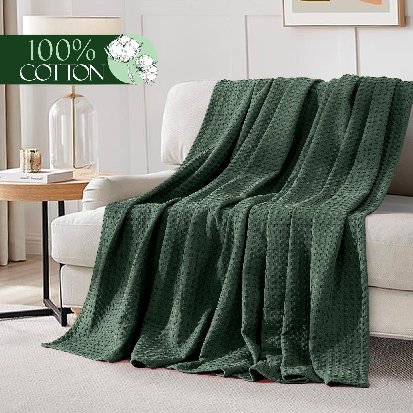 Elegant Comfort Premium 100% Cotton Waffle Blanket - Lightweight Breathable Waffle Weave Bed Blanket - Soft and Warm All Season Blanket for Couch, Sofa and Bed, King Size 90x108 Inches, Hunter Green