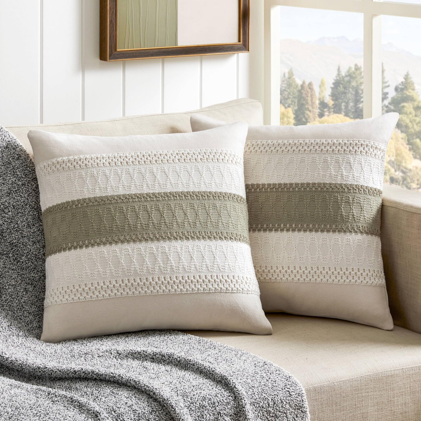 ZeeMart 2 Packs Cotton Boho Throw Pillow Covers 18x18 Inch Contrast Dark Sage, Soft Farmhouse Decorative Couch Pillow Cases Sage Green Cushion Covers for Sofa Bed Living Room Home Decor